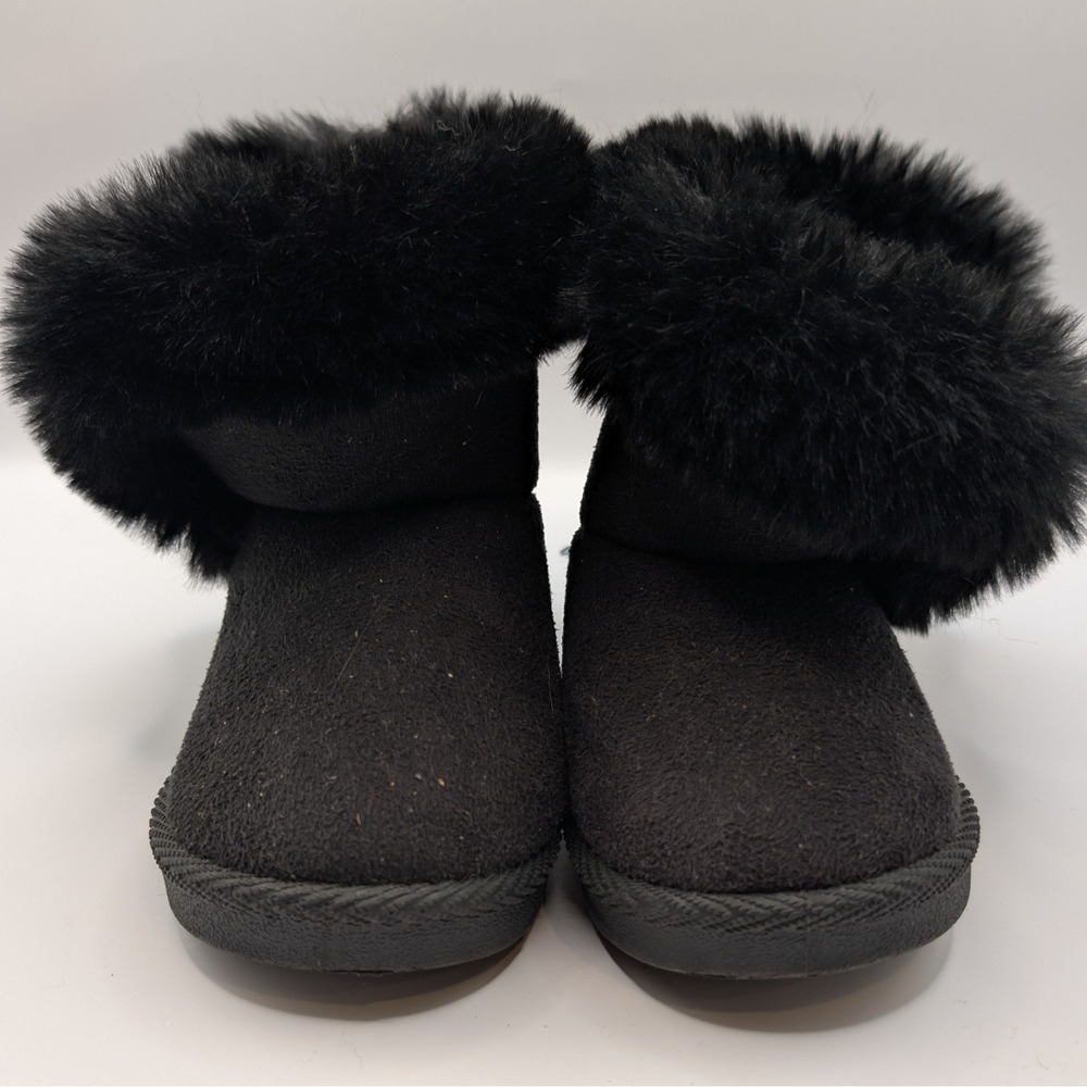 First Steps Toddler Black Faux Suede Plush Fur Cuffed Ankle Boots Size 5